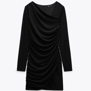 ZARA Draped Asymmetric Black Mini ruched Dress Size M Medium